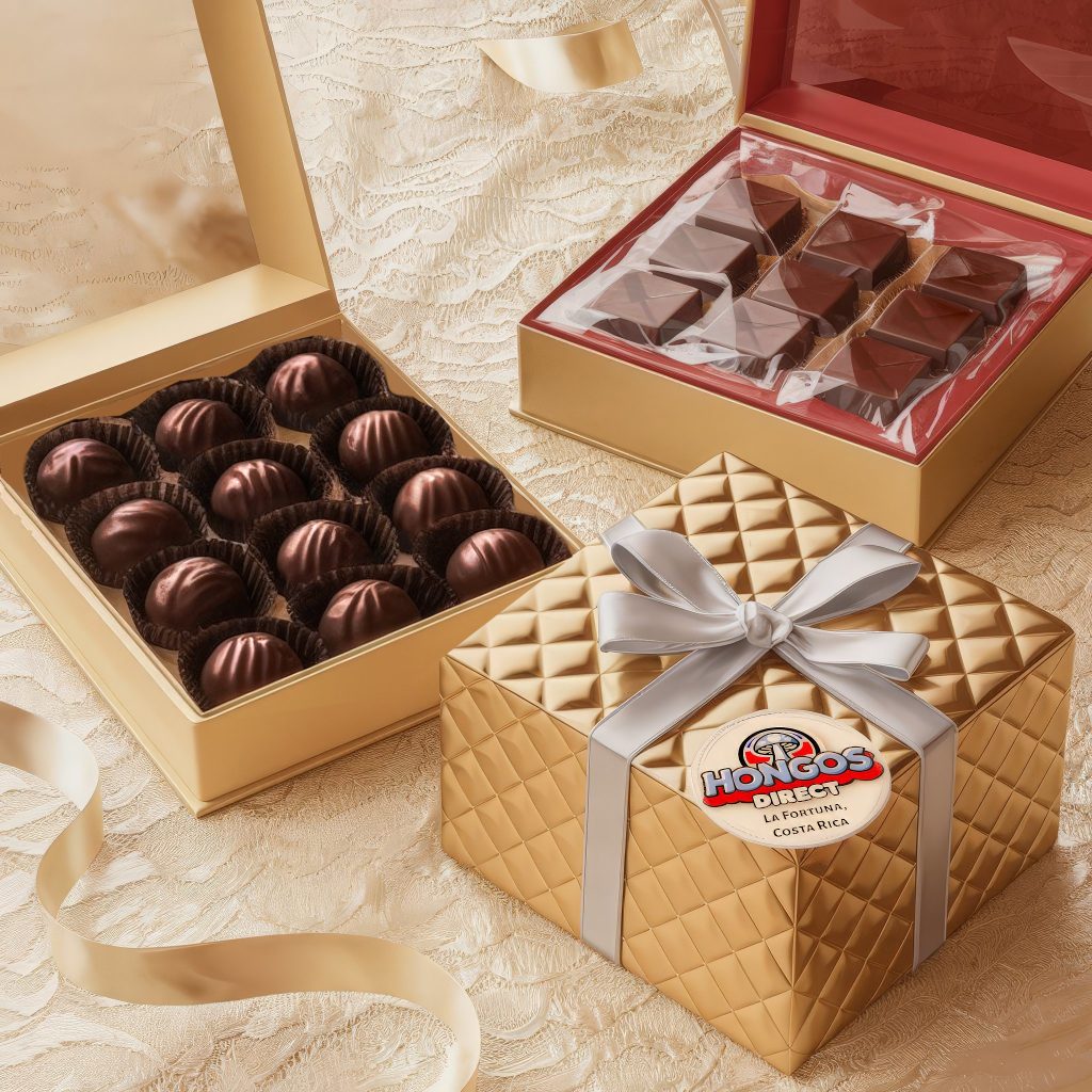 Gift boxes of mushroom infused chocolates of different products produced by Hongos Direct.