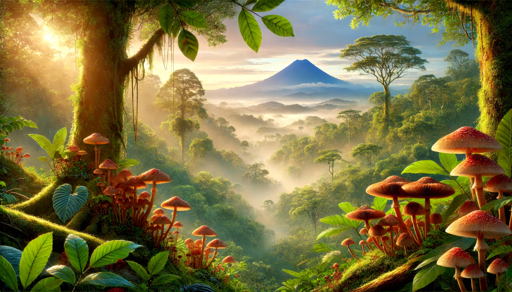 Depiction of the Costa Rican highland near Aranal valcano, showing lush forest vegetation populated with mushrooms.