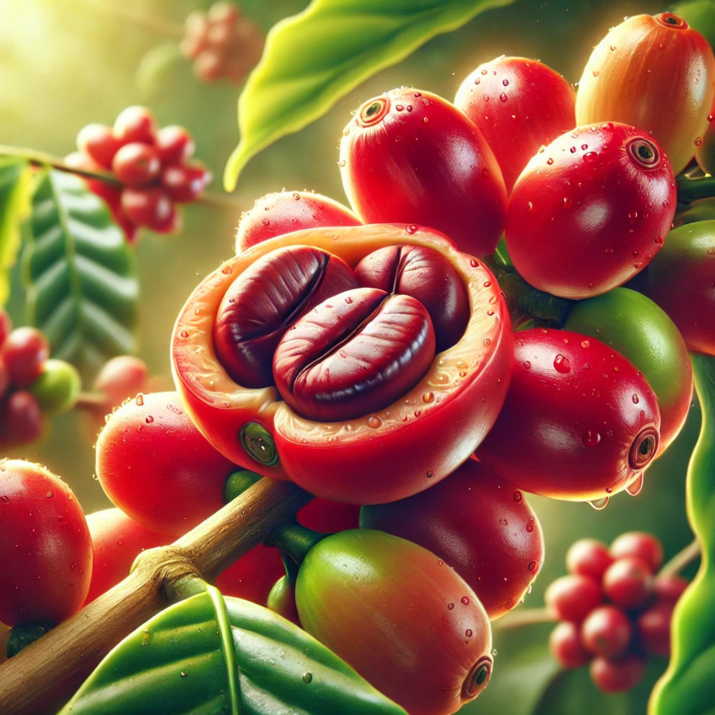 Hyper realistic representation of coffee cherries on a branch in a Costa Rican forest.