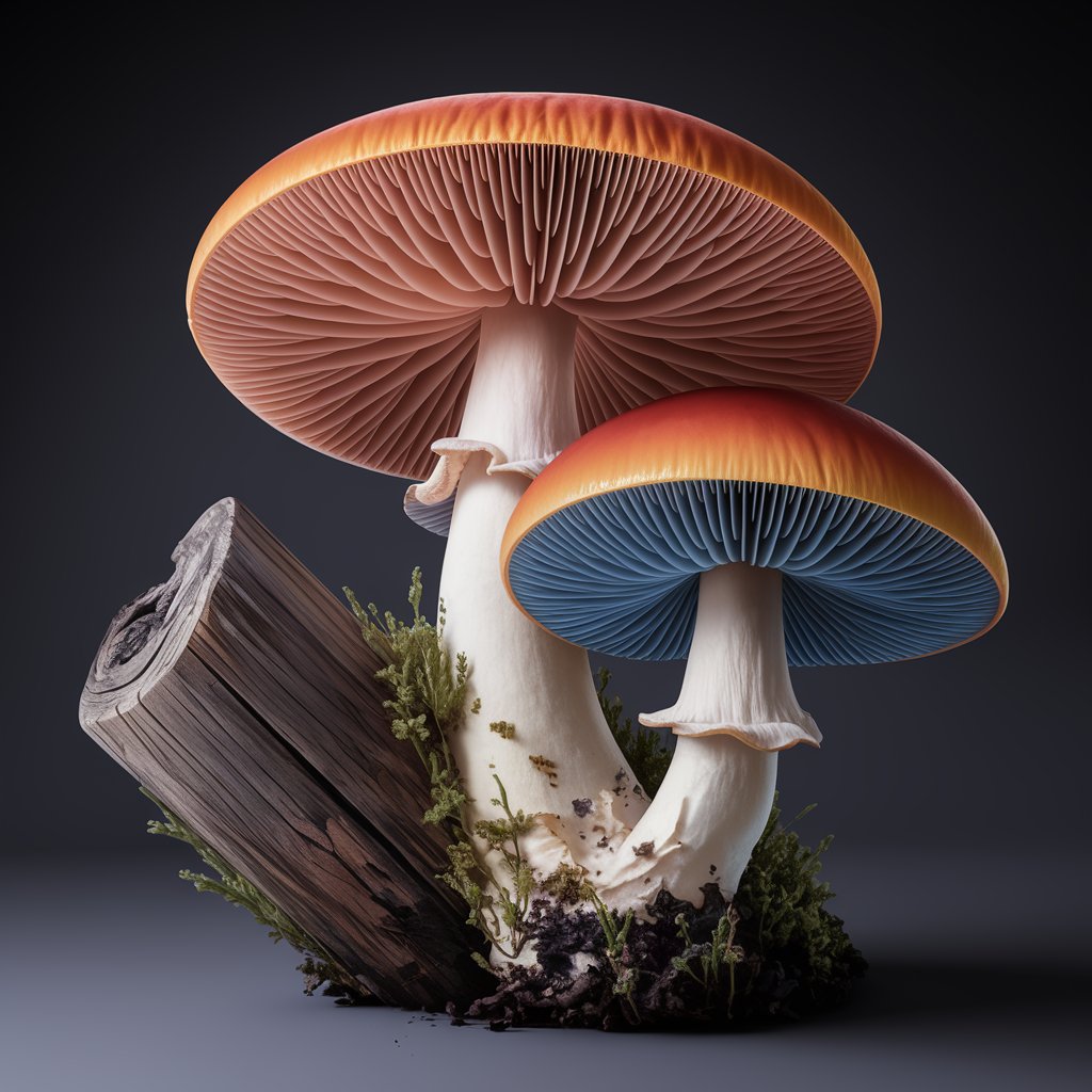 Two Costa Rican mushrooms growing out of a tree log