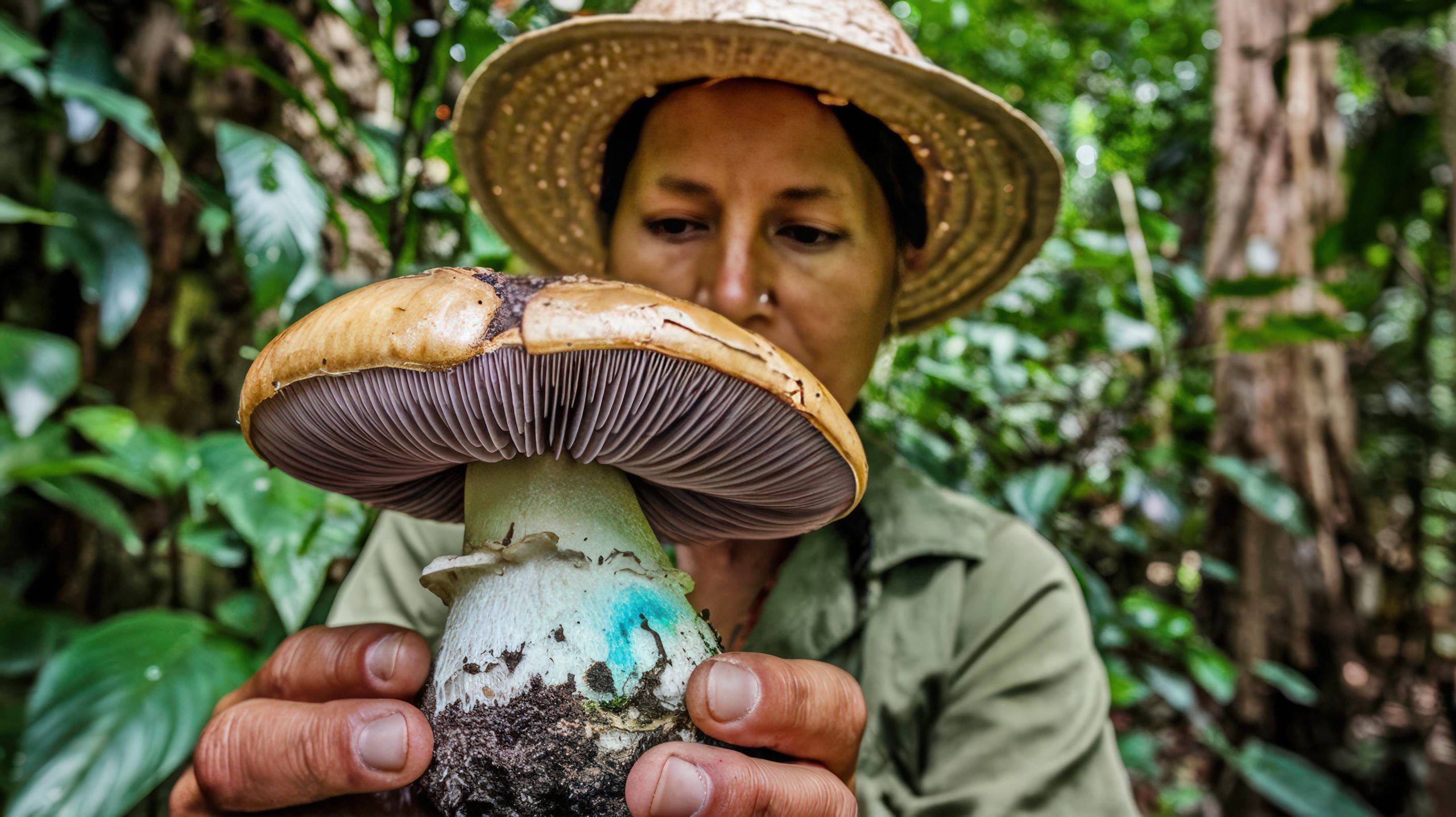 Costa Rican woman investigating the cubensis mushroom in the rain forest.