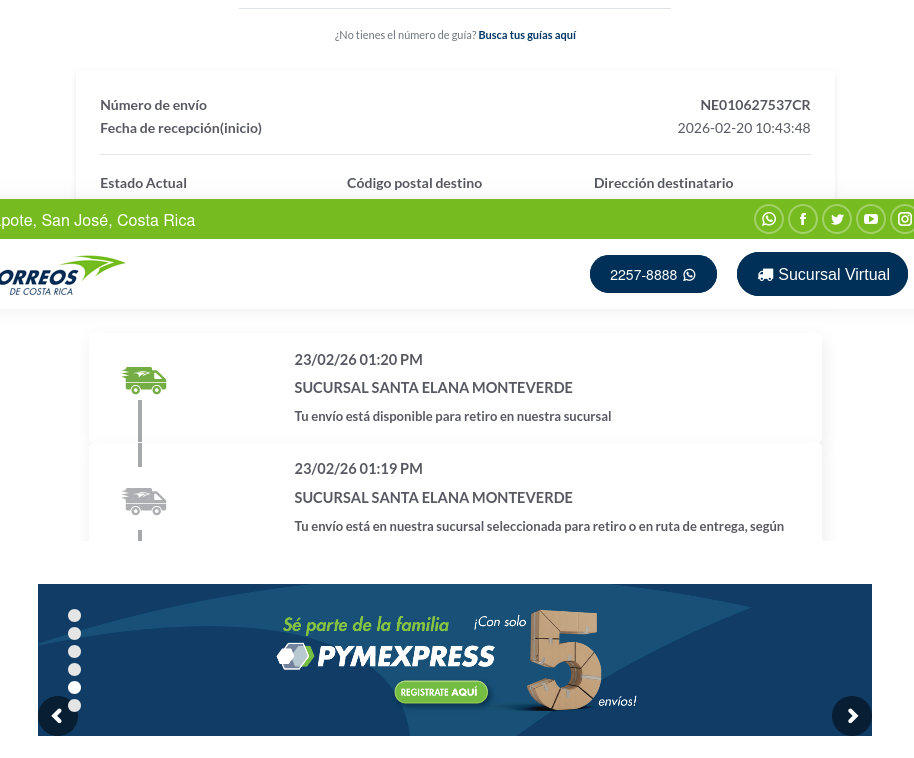 Correos tracking timeline showing destination availability for pickup