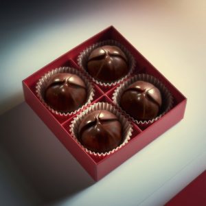 Box containing four Mushroom Infused Chocolate Lite Liftoffs candies, showcasing their decadent Costa Rican dark chocolate.