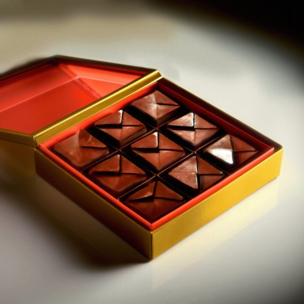 Box containing nine Mushroom Infused Chocolate Mini Dose candies, showcasing their decadent Costa Rican dark chocolate.