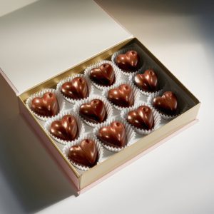 Box containing twelve Mushroom Infused Chocolate Micro Bites candies, showcasing their decadent Costa Rican dark chocolate.